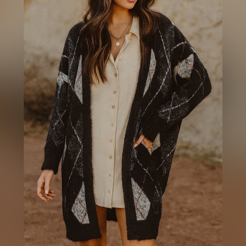 Marled Black and Cream Argyle Open-Front Cardigan